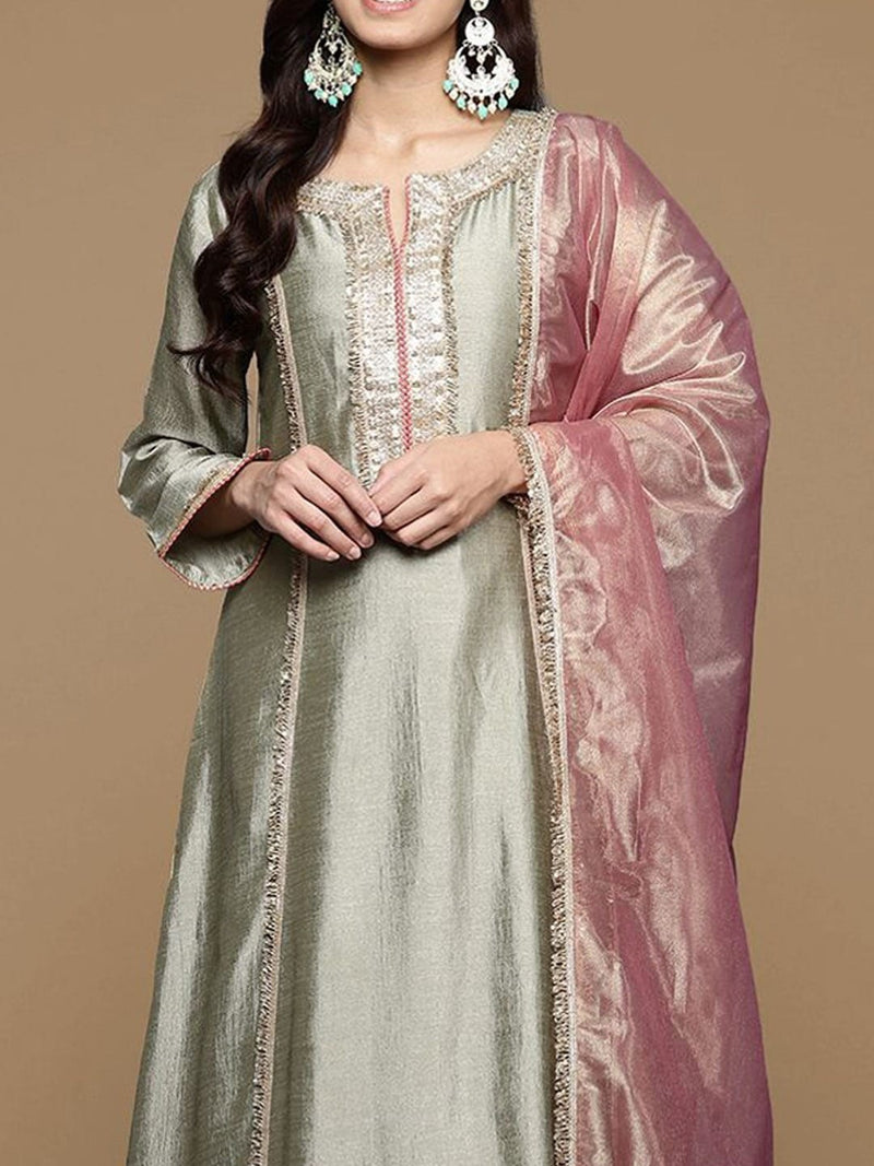 Varanga Women Round Neck Pista Green Lace Embellished Kurta Paired With Bottom And Tissue Silk Dupatta