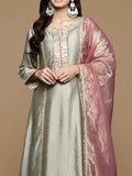 Varanga Women Round Neck Pista Green Lace Embellished Kurta Paired With Bottom And Tissue Silk Dupatta