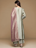Varanga Women Round Neck Pista Green Lace Embellished Kurta Paired With Bottom And Tissue Silk Dupatta