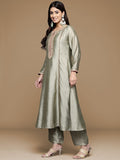 Varanga Women Round Neck Pista Green Lace Embellished Kurta Paired With Bottom And Tissue Silk Dupatta
