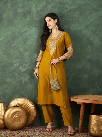 Mustard Straight-Fit Kurta With Embroidered Yoke, Paired With Solid Ankle-Length Trousers .
