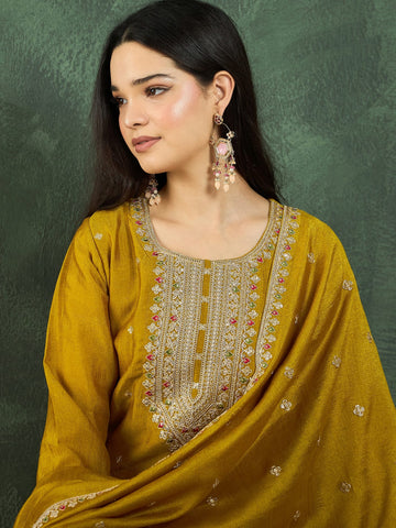 Kurta With Intricate Zari-Embroidered Yoke Is Paired With Ankle-Length Solid Trousers And A Matching Zari-Accented Dupatta