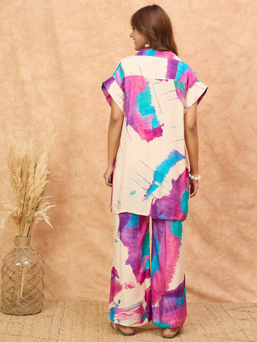 Abstract printed loose fit top with flared palazzo