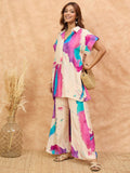 Abstract printed loose fit top with flared palazzo
