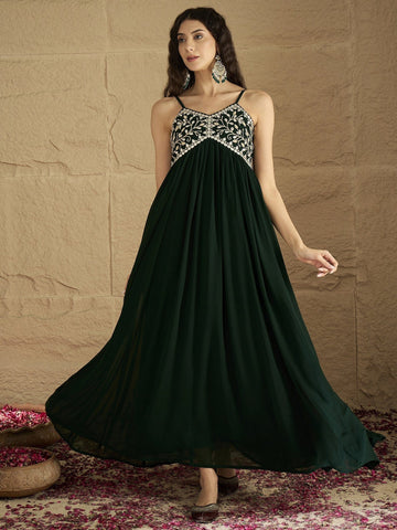 Varanga Women Green Gota Patti Zari Embroidered Yoke Long Anarkali.
