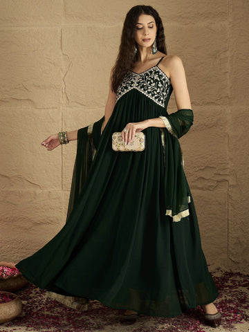 Varanga Women Green Gota Patti Zari Embroidered Yoke Long Anarkali.