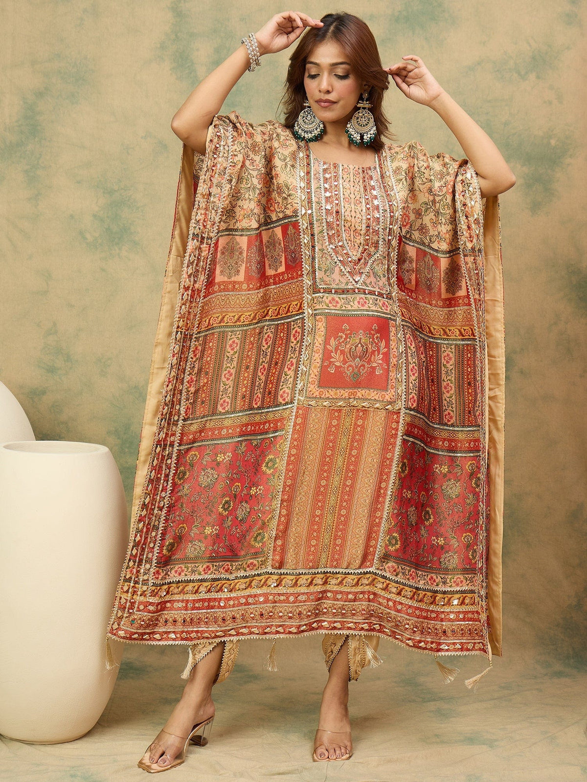Varanga Women Ethnic Printed Mirror & Gota Embelished Kaftan With Dhoti Pants