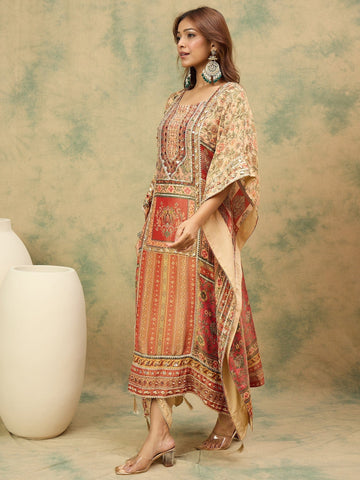 Varanga Women Ethnic Printed Mirror & Gota Embelished Kaftan With Dhoti Pants