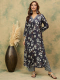 Floral Printed V Neck Kurta With Stripe Trouser