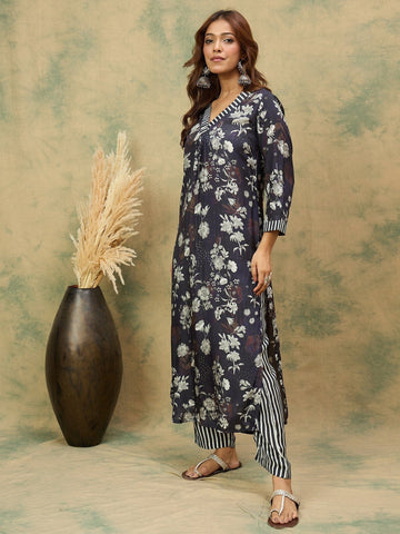 Floral Printed V Neck Kurta With Stripe Trouser