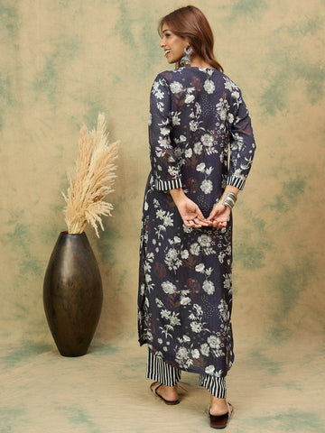 Floral Printed V Neck Kurta With Stripe Trouser