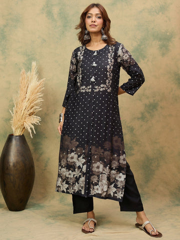 Floral And Polka Dot Printed Round Neck Kurta With Solid Trousers