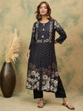 Floral And Polka Dot Printed Round Neck Kurta With Solid Trousers
