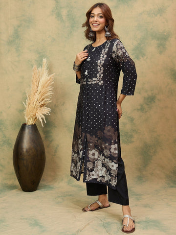 Floral And Polka Dot Printed Round Neck Kurta With Solid Trousers