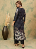 Floral And Polka Dot Printed Round Neck Kurta With Solid Trousers