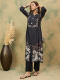 Floral And Polka Dot Printed Round Neck Kurta With Solid Trousers