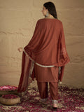Varanga Women Rust Embroidered Straight Kurta With Bottom And Dupatta