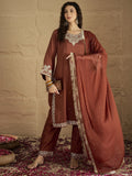 Varanga Women Rust Embroidered Straight Kurta With Bottom And Dupatta
