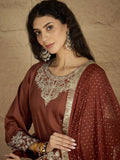 Varanga Women Rust Embroidered Straight Kurta With Bottom And Dupatta