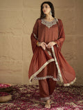 Varanga Women Rust Embroidered Straight Kurta With Bottom And Dupatta