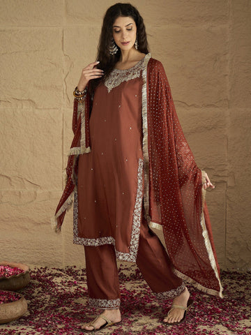 Varanga Women Rust Embroidered Straight Kurta With Bottom And Dupatta