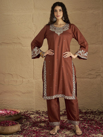 Varanga Women Rust Embroidered Straight Kurta With Bottom And Dupatta