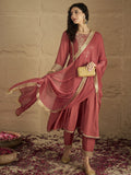 Varanga Women Rust Zari And Sequins Embroidred Anarakli Kurta With Bottom And Dupatta