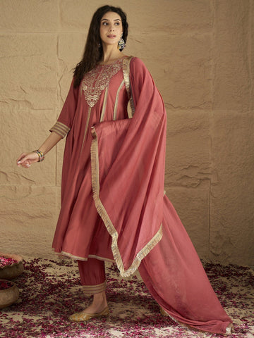 Varanga Women Rust Zari And Sequins Embroidred Anarakli Kurta With Bottom And Dupatta