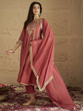 Varanga Women Rust Zari And Sequins Embroidred Anarakli Kurta With Bottom And Dupatta