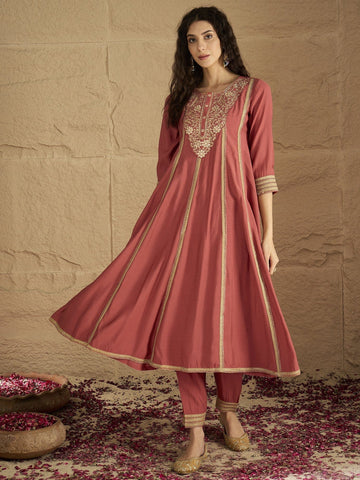 Varanga Women Rust Zari And Sequins Embroidred Anarakli Kurta With Bottom And Dupatta