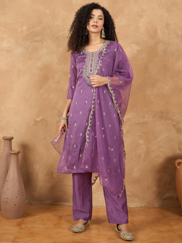 Embroidered Yoke Kurta With Trouser And Dupatta