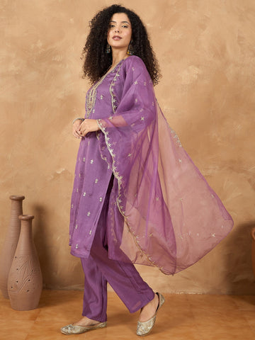Embroidered Yoke Kurta With Trouser And Dupatta