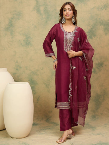 Varanga Women Zari & Sequin Embroidered Yoke Kurta With Trouser & Dupatta