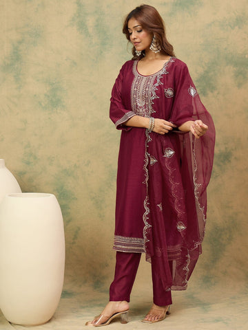 Varanga Women Zari & Sequin Embroidered Yoke Kurta With Trouser & Dupatta