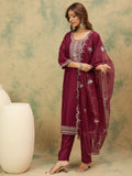 Varanga Women Zari & Sequin Embroidered Yoke Kurta With Trouser & Dupatta