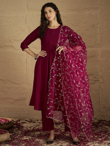 Round Neck Anarkali With Trouser And Dupatta