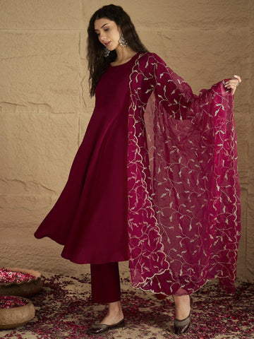 Round Neck Anarkali With Trouser And Dupatta