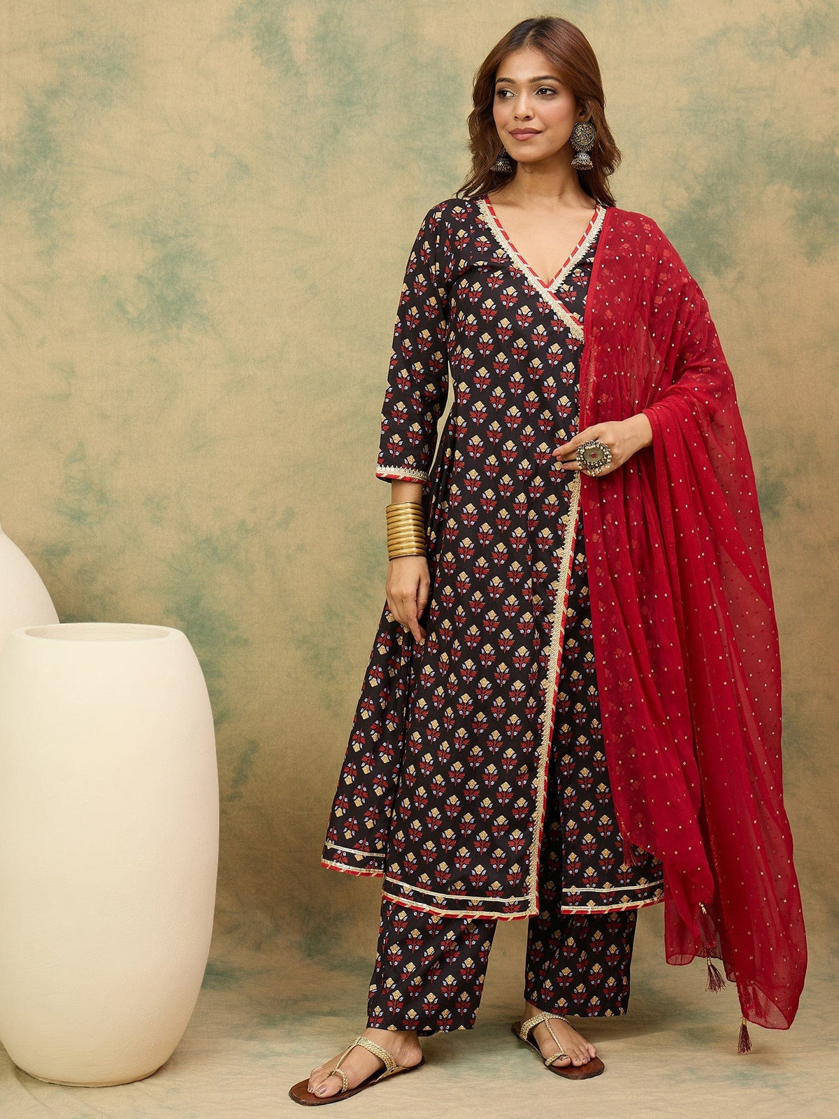 Varanga Women Floral Printed Angrakha Kurta with Trousers & with Dupatta