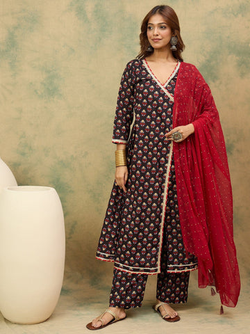 Varanga Women Floral Printed Angrakha Kurta with Trousers & with Dupatta