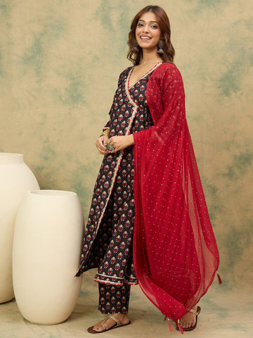 Varanga Women Floral Printed Angrakha Kurta with Trousers & with Dupatta
