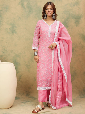 Varanga Women Floral Embroidered Regular Thread Work Kurta with Trousers & with Dupatta
