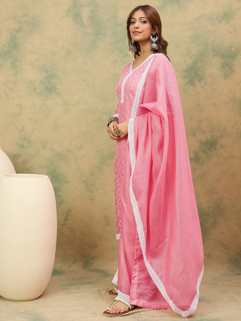 Varanga Women Floral Embroidered Regular Thread Work Kurta with Trousers & with Dupatta