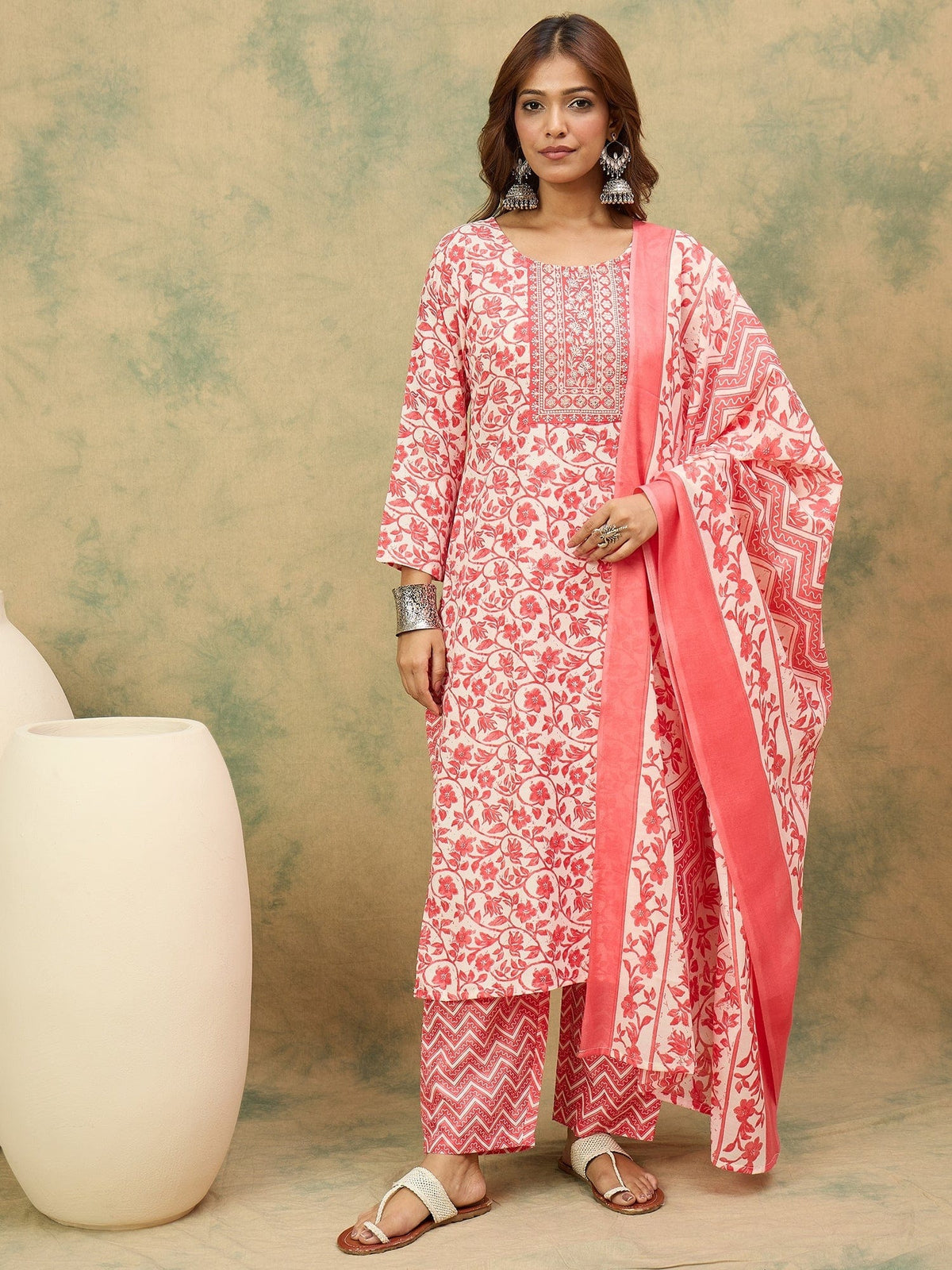 Varanga Women Floral Yoke Design Regular Thread Work Kurta with Trousers & with Dupatta