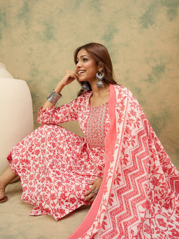 Varanga Women Floral Yoke Design Regular Thread Work Kurta with Trousers & with Dupatta