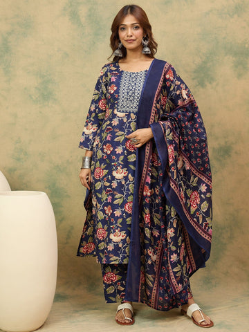Varanga Floral Printed Thread Work Straight Kurta with Trousers & Dupatta