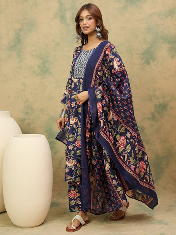 Varanga Floral Printed Thread Work Straight Kurta with Trousers & Dupatta