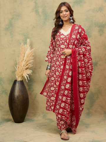 Varanga Women Floral Printed Regular Kurta with Trousers & with Dupatta