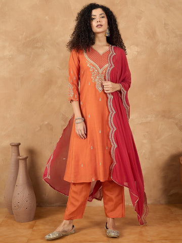 Zari Embroidered A Line Kurta With Trouser & Contrast Dupatta