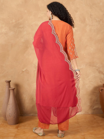 Zari Embroidered A Line Kurta With Trouser & Contrast Dupatta