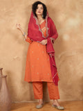 Zari Embroidered A Line Kurta With Trouser & Contrast Dupatta